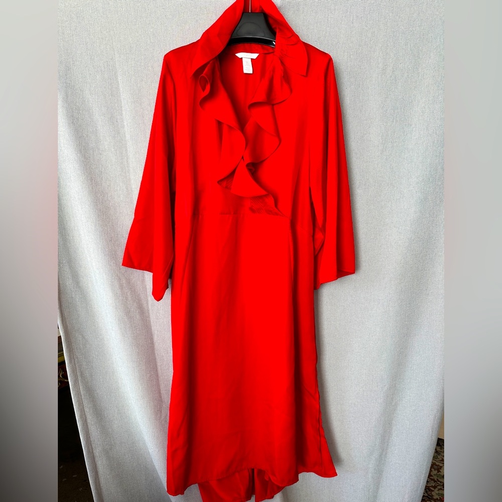 Red new Dress Ruffle trim neck V. Three quoter wide sleeve. Slits on sides H&M